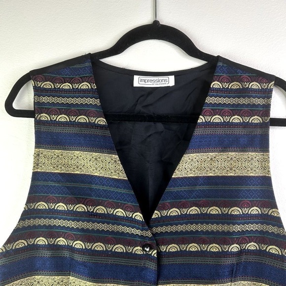 Impressions of California Vintage 90s Tapestry Striped Metallic Gold Vest XL - Picture 2 of 7